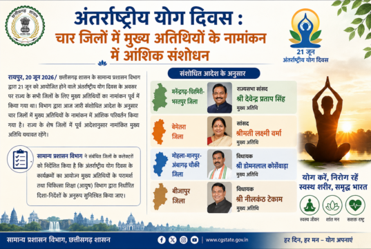 अंतर्राष्ट्रीय योग दिवस : चार जिलों में मुख्य अतिथियों के नामांकन में आंशिक संशोधन